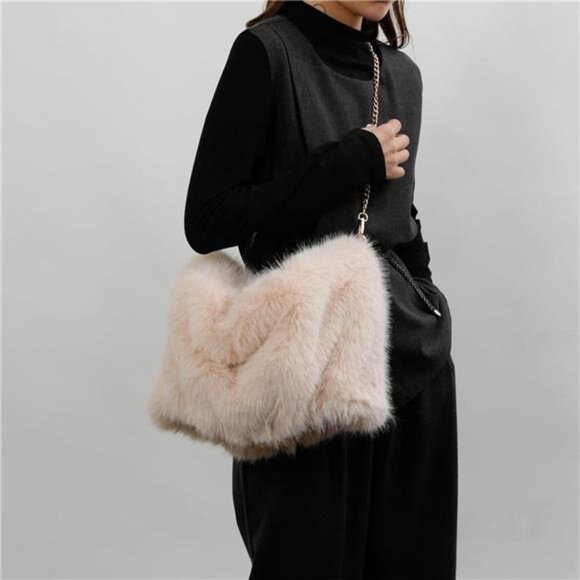 Furry Purse Winter Fluffy Bags Cream Beige - Picture 2 of 4